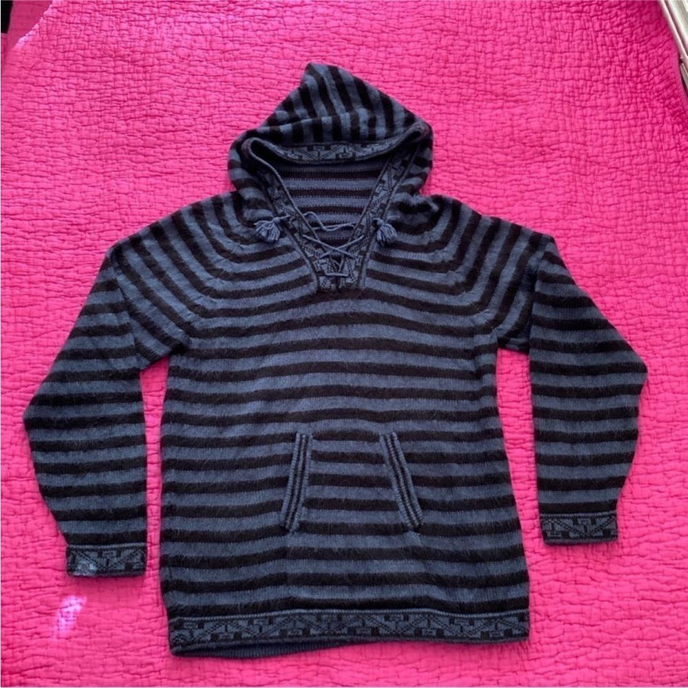 Artisan alpaca Striped Black and Gray hooded  Sweater, S